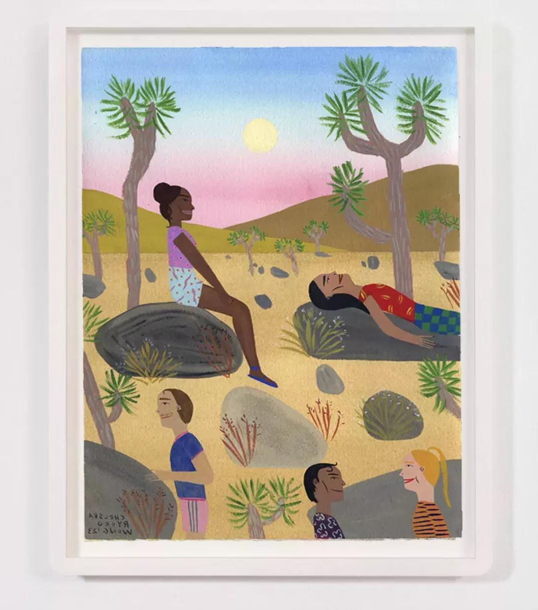 Painting of a group people enjoying the desert